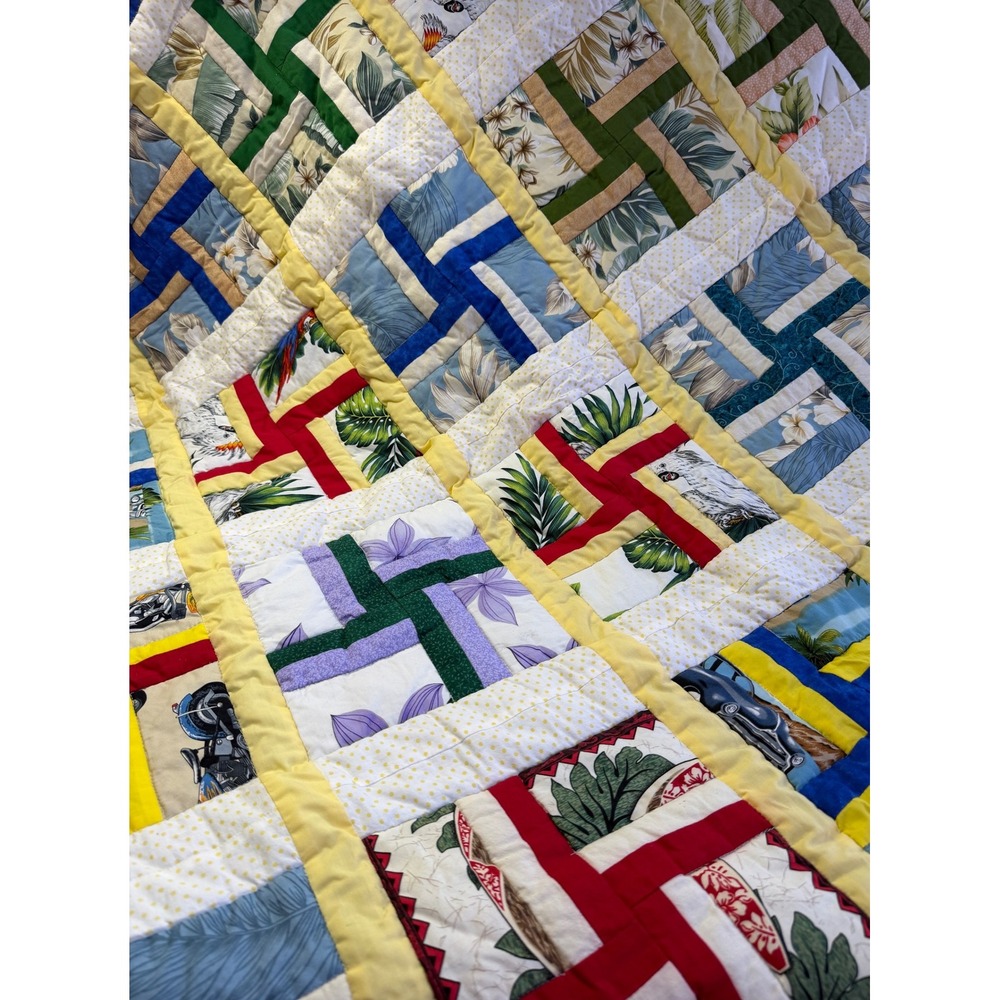 Handmade Patchwork Quilt 47x55 Multi Color Tropical Car Motorcycle Cottagecore